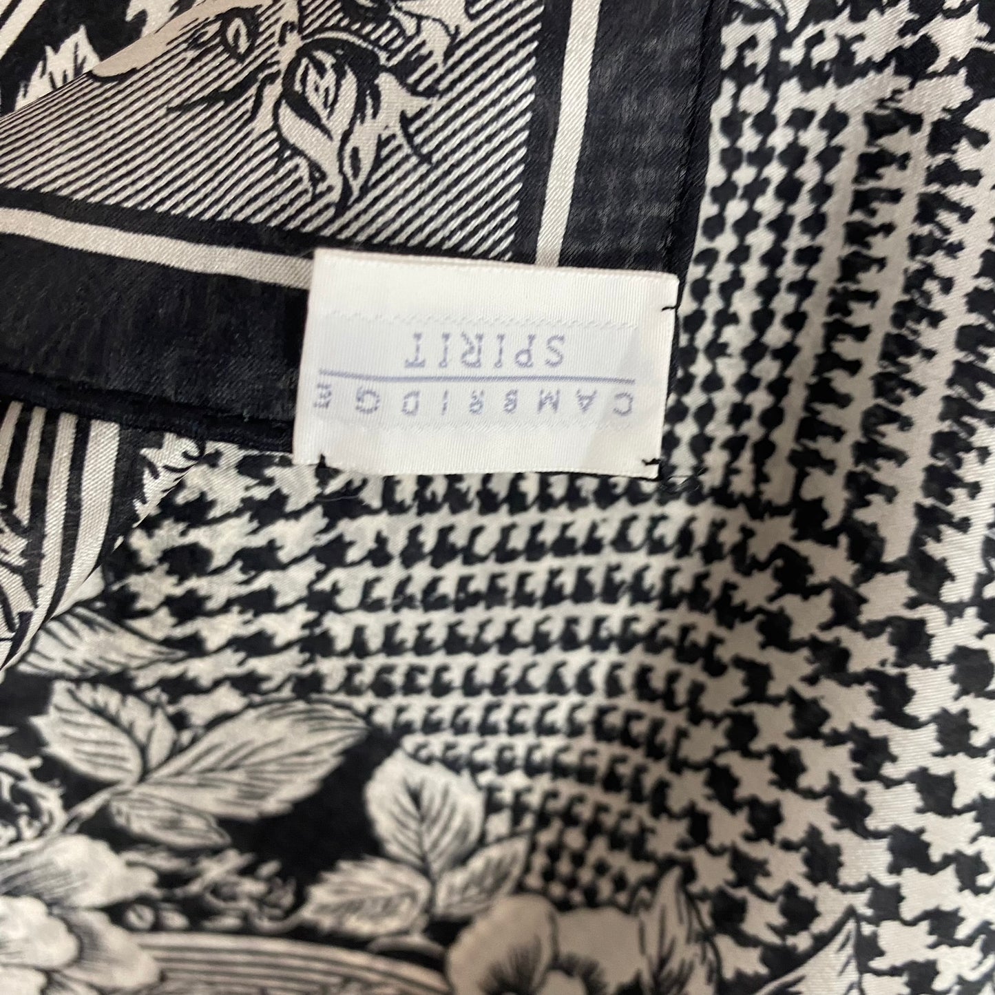 Black & White Silk Scarf - Floral Houndstooth - 10.5" x 53" Long - 5234