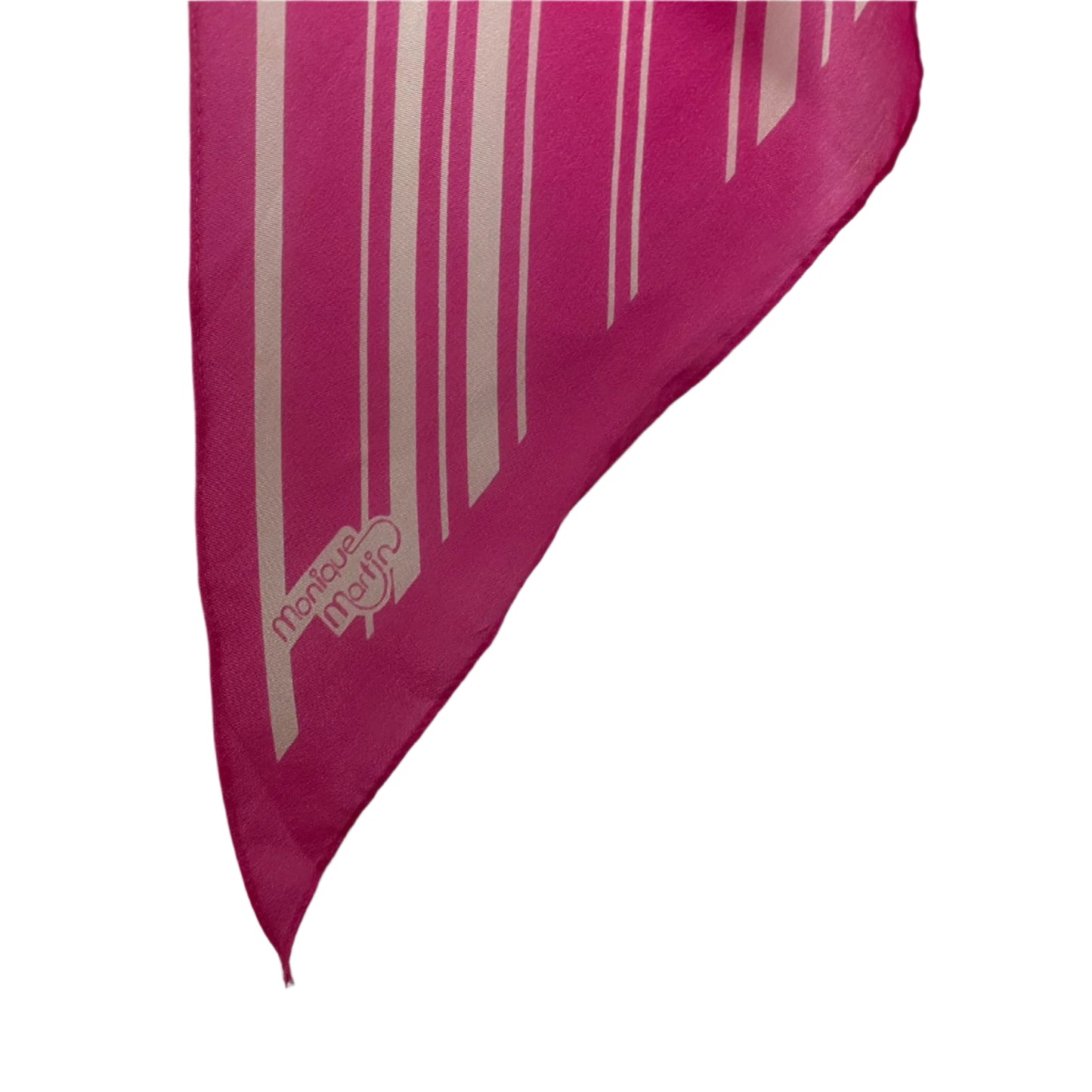 Monique Martin Silk Pink scarf with white stripes on a textured white background