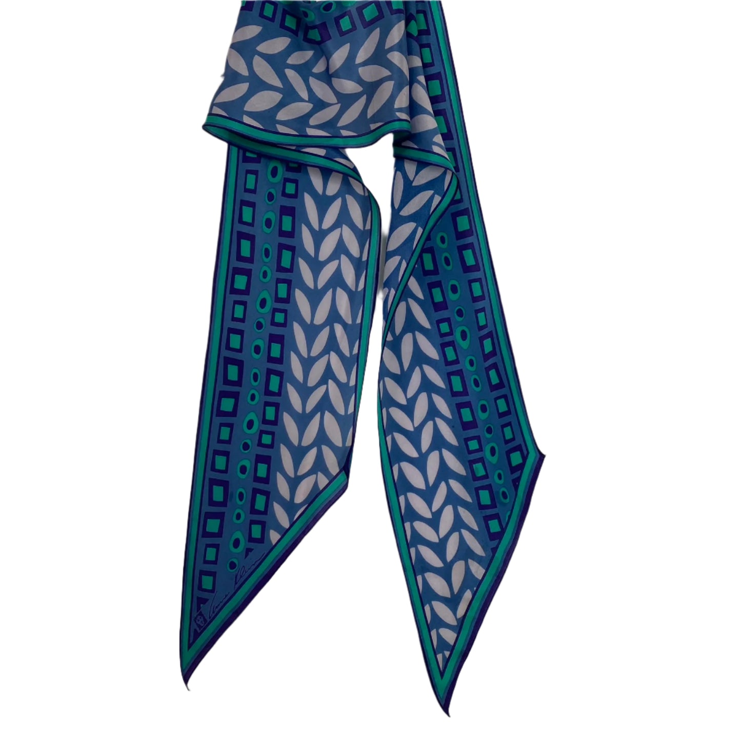 Anne Klein, Blue and green patterned scarf on a light gray background