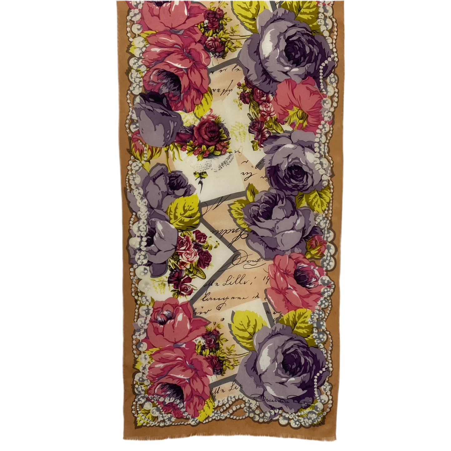 OSCAR DE LA RENTA Long Silk Scarf - Cottage Roses & Pearls - 5252