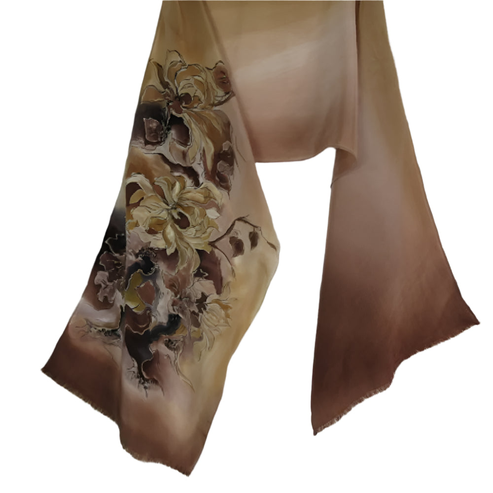 Art Floral Hand Painted Design Silk Scarf - Long - 1651