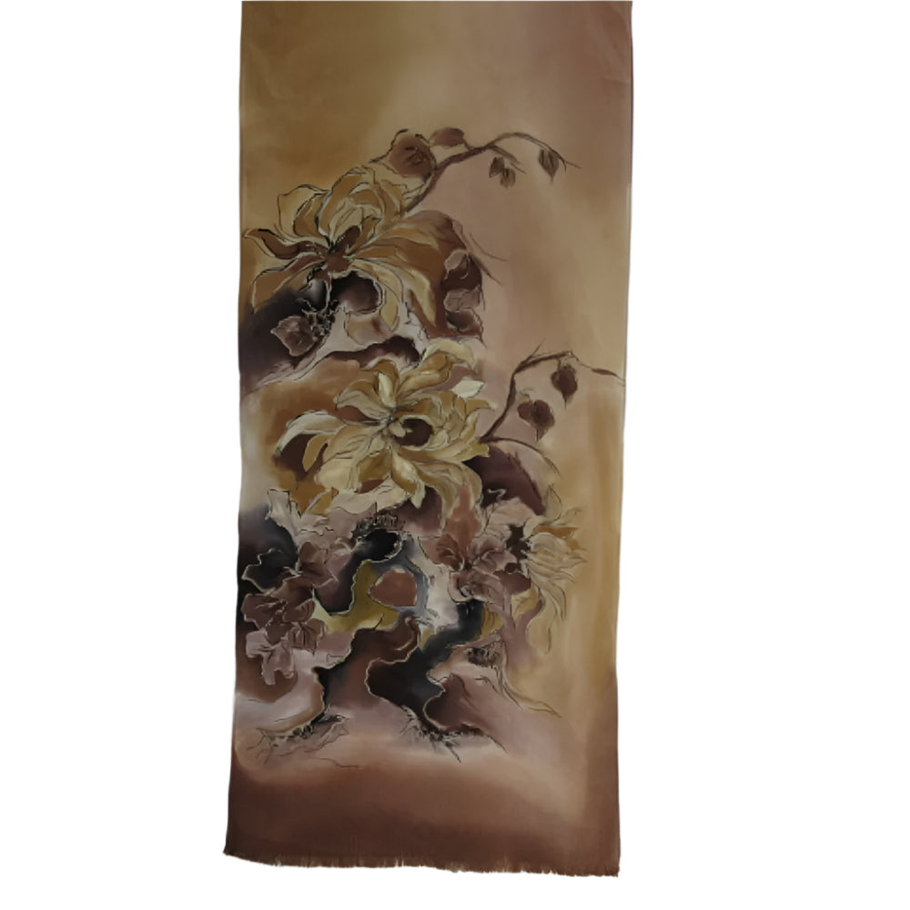Art Floral Hand Painted Design Silk Scarf - Long - 1651