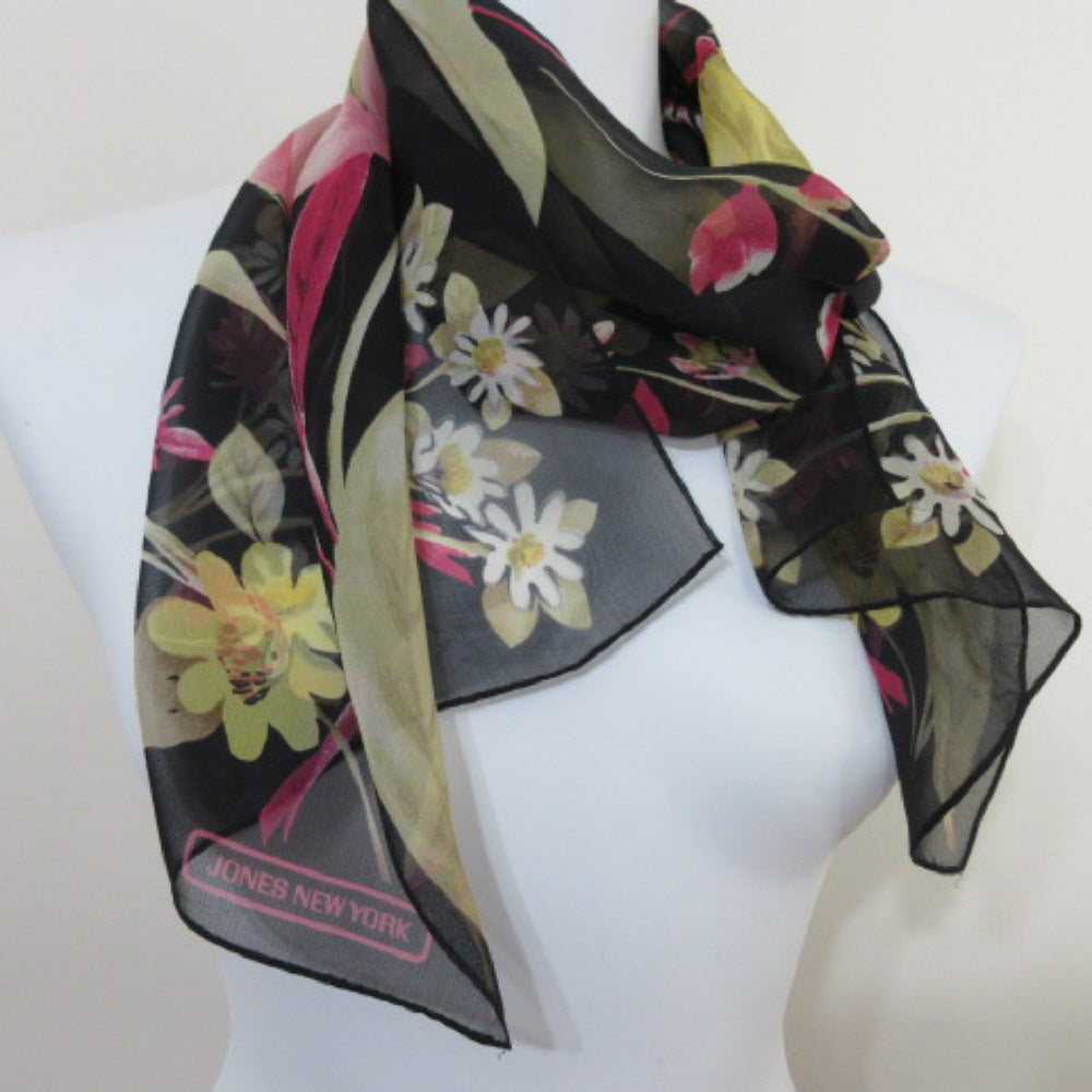 Floral scarf on a mannequin with 'Jones New York' branding.