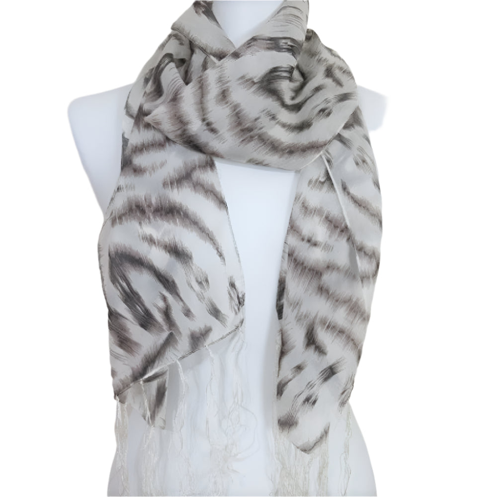 Fringed Animal Print Silk Scarf - Long - 3170