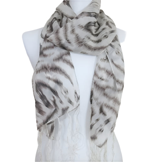 Fringed Animal Print Silk Scarf - Long - 3170