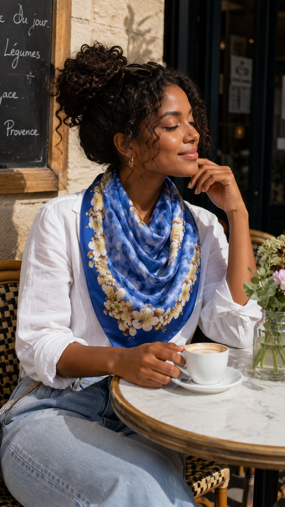 Mila Schon Vintage Blue Floral Silk Scarf - 34" Square