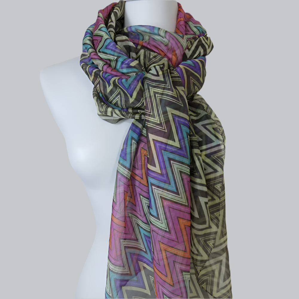 F&F Chevron Design Chiffon Silk Scarf - Long - 5505