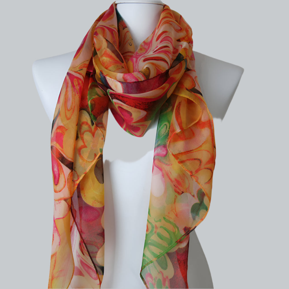 Retro Floral Lightweight Sheer Silk Scarf - Long - 5514