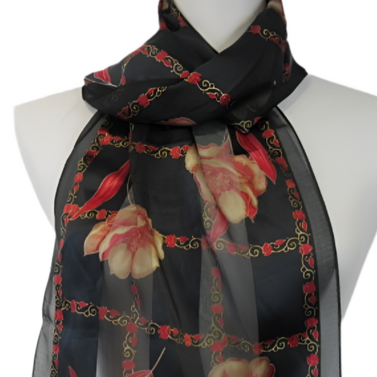 Roses Floral Silk Scarf - Long - 5338