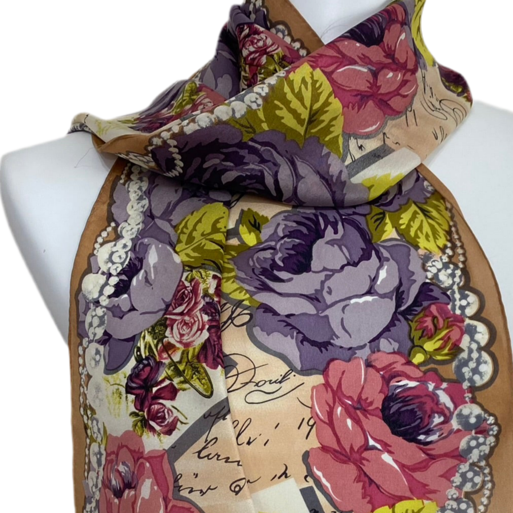 OSCAR DE LA RENTA Long Silk Scarf - Cottage Roses & Pearls - 5252