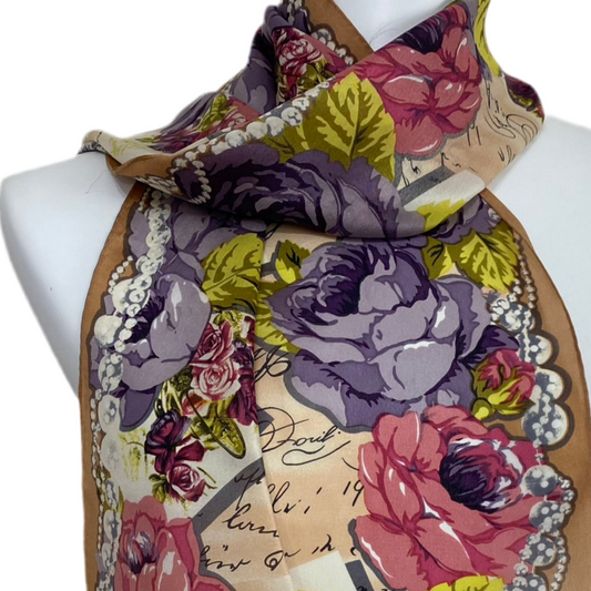 OSCAR DE LA RENTA Long Silk Scarf - Cottage Roses & Pearls - 5252