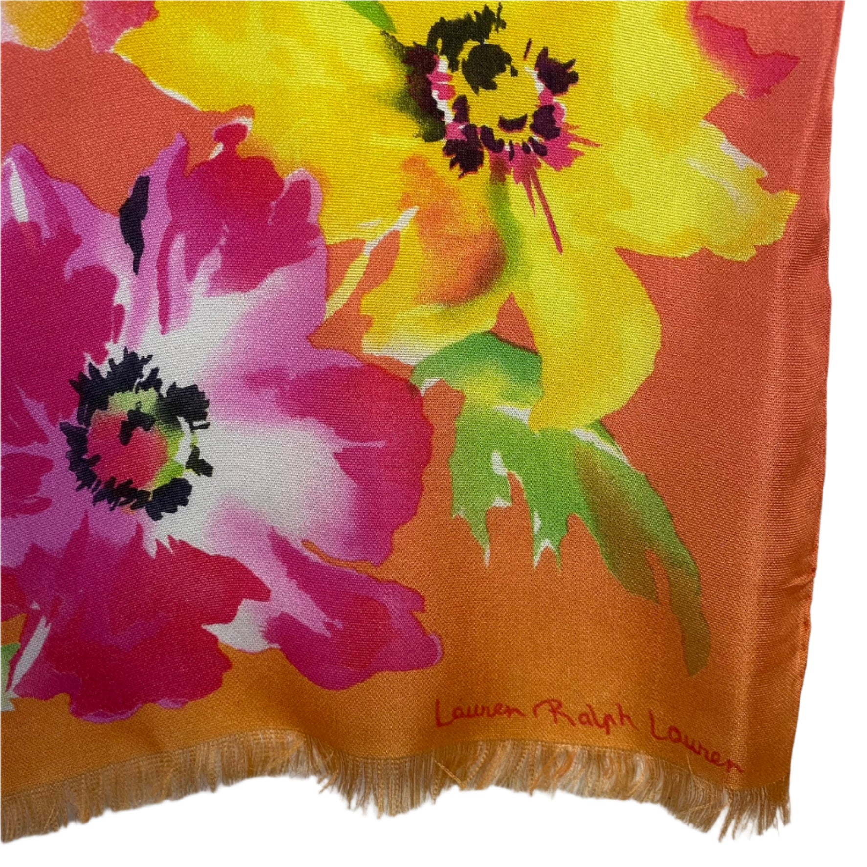 Floral patterned fabric with pink and yellow flowers on an orange background, featuring the Lauren Ralph Lauren logo.