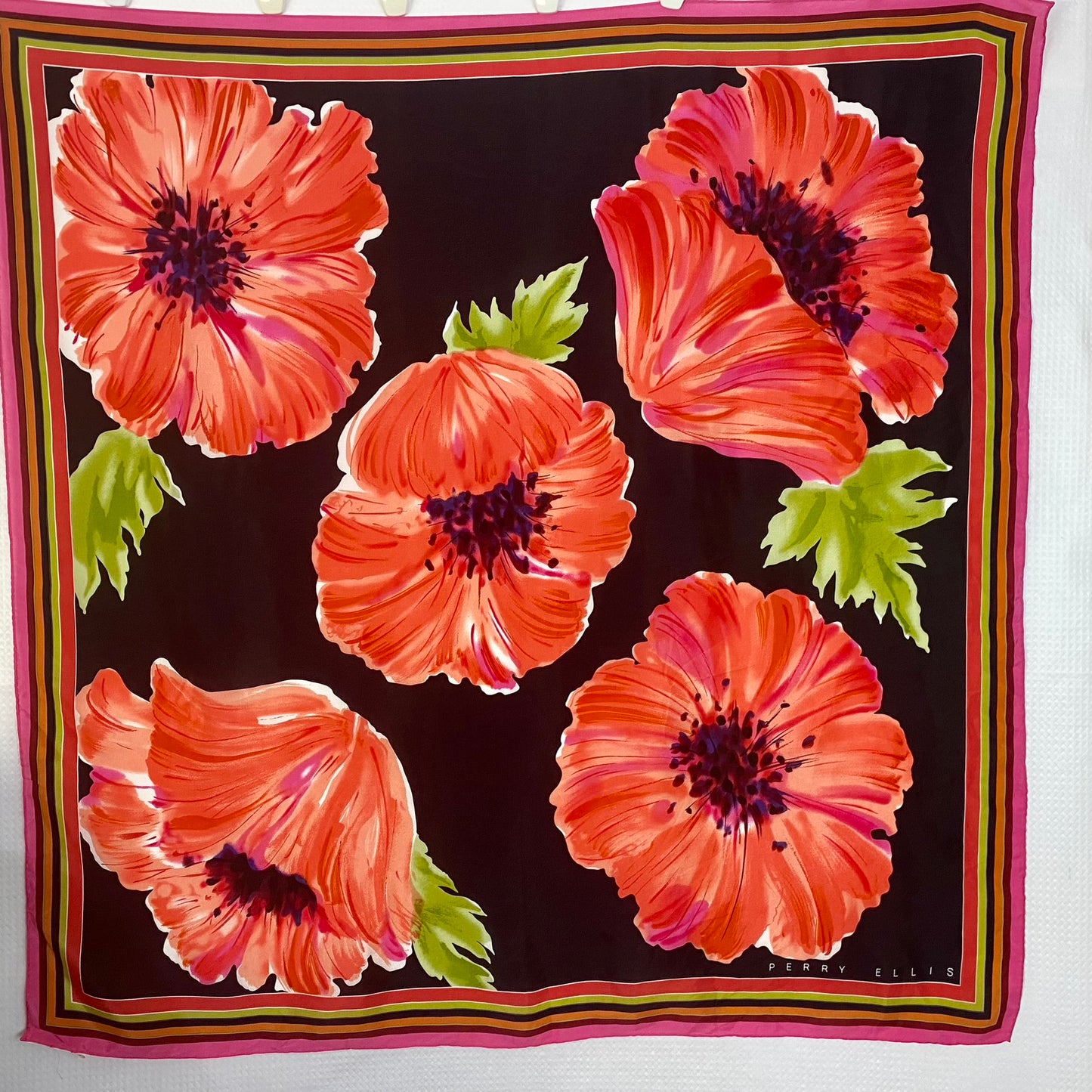 PERRY ELLIS Silk Scarf - Floral - 35" Square - 4949