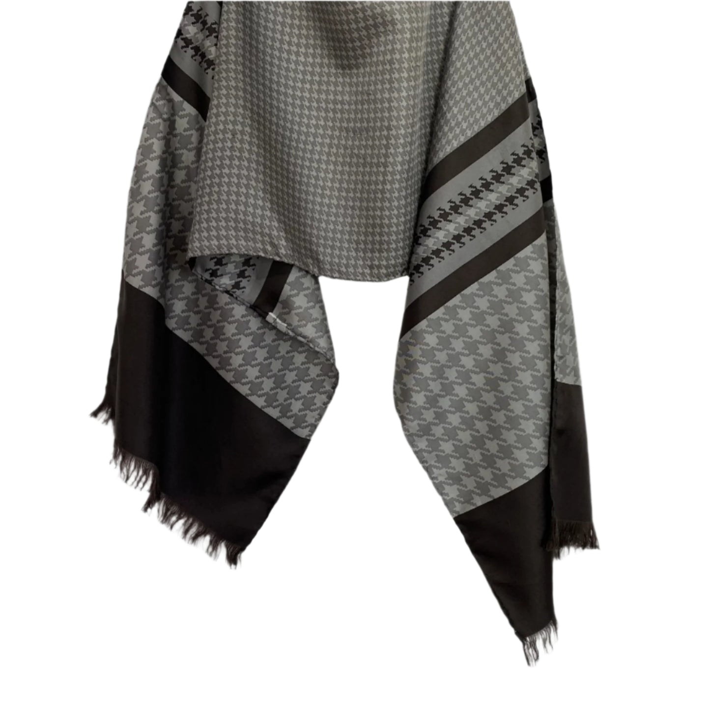 Holt Renfrew gray and black patterned scarf on a white stand against a light gray background