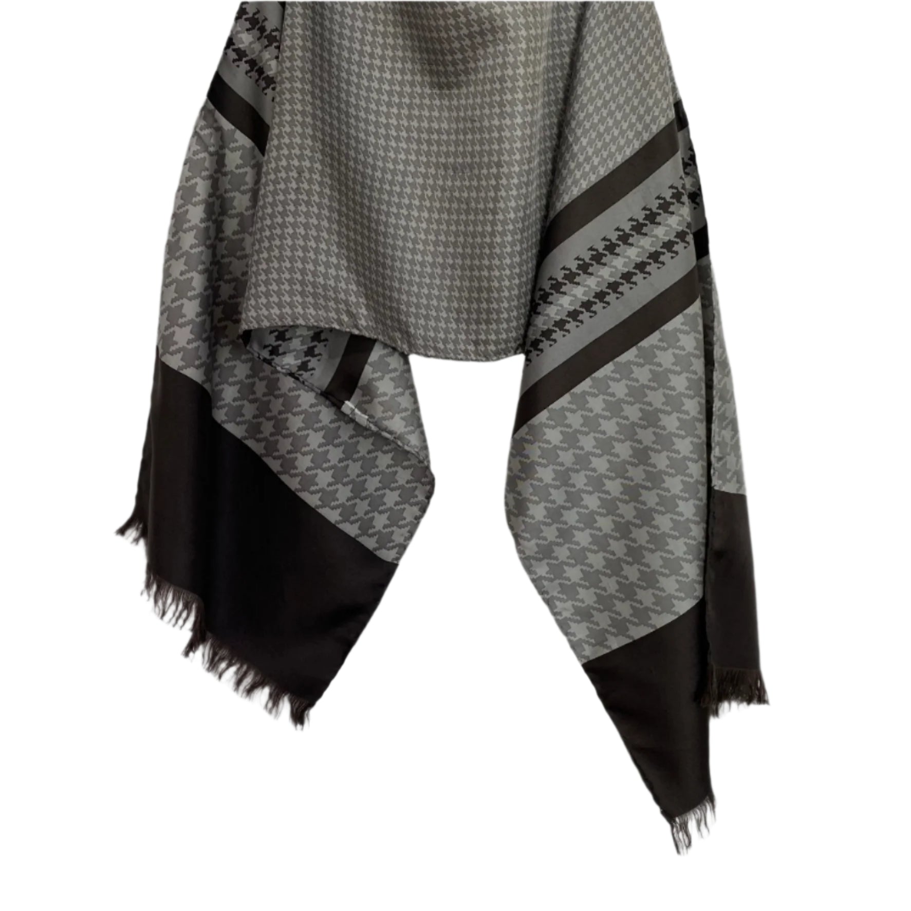 Holt Renfrew gray and black patterned scarf on a white stand against a light gray background