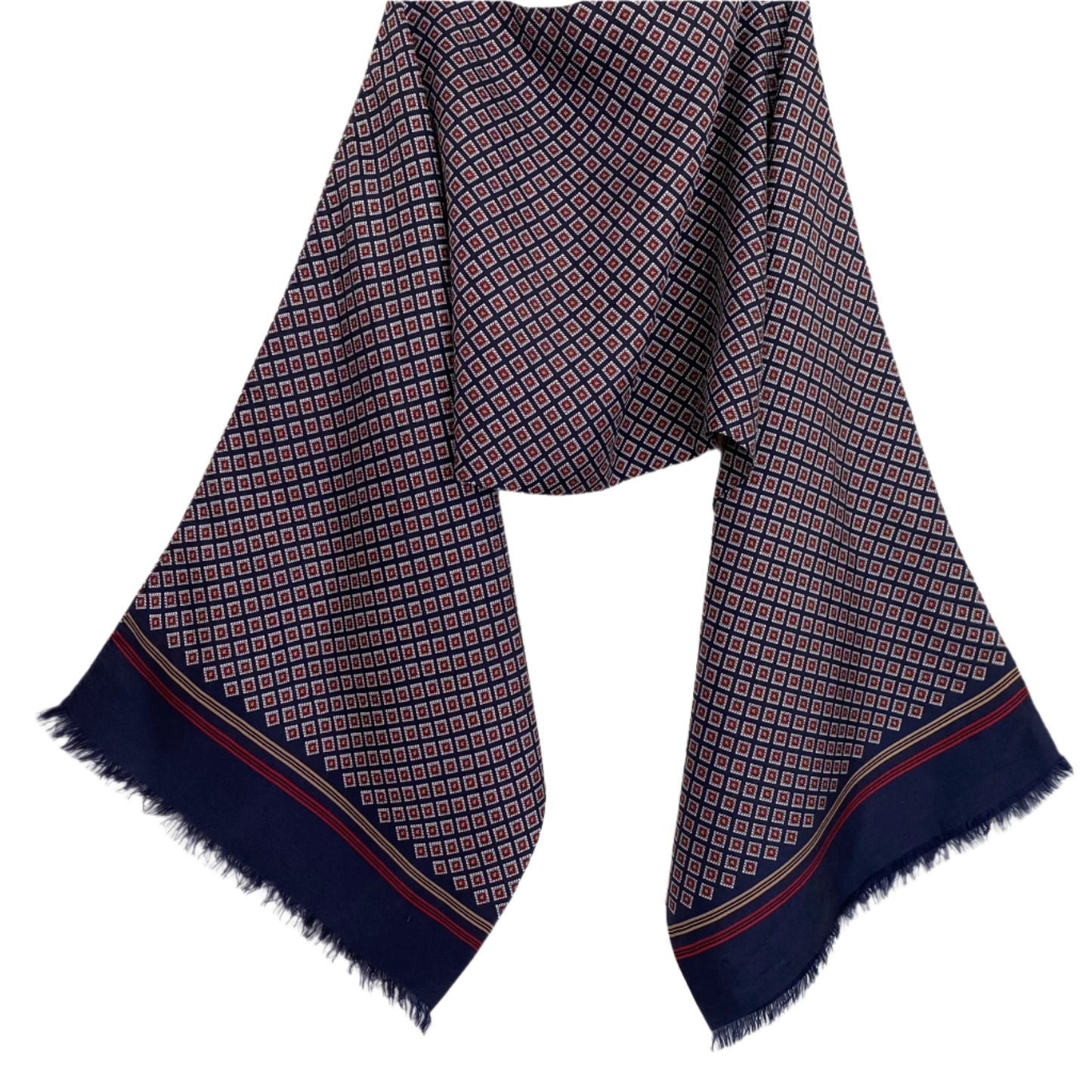 Navy blue patterned scarf on a white background. Lanvin