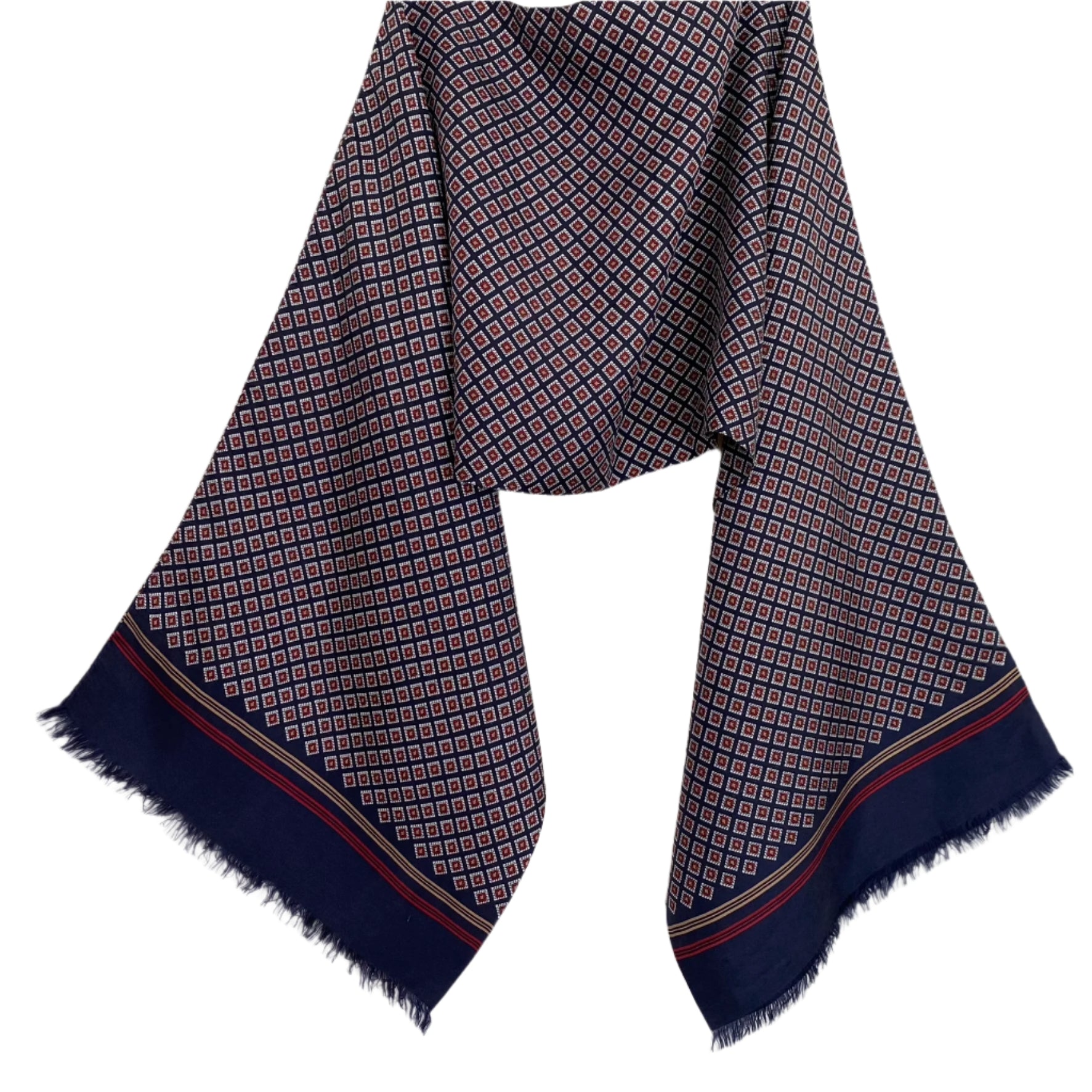 Navy blue patterned scarf on a white background. Lanvin