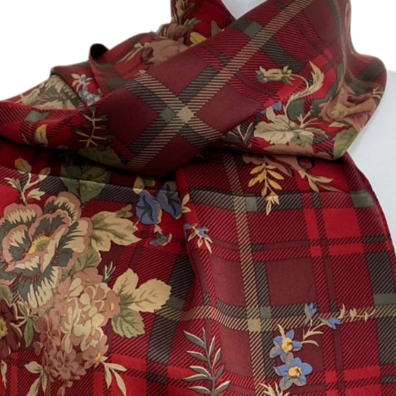 Ralph Lauren Red floral and plaid patterned scarf on a mannequin against a white background