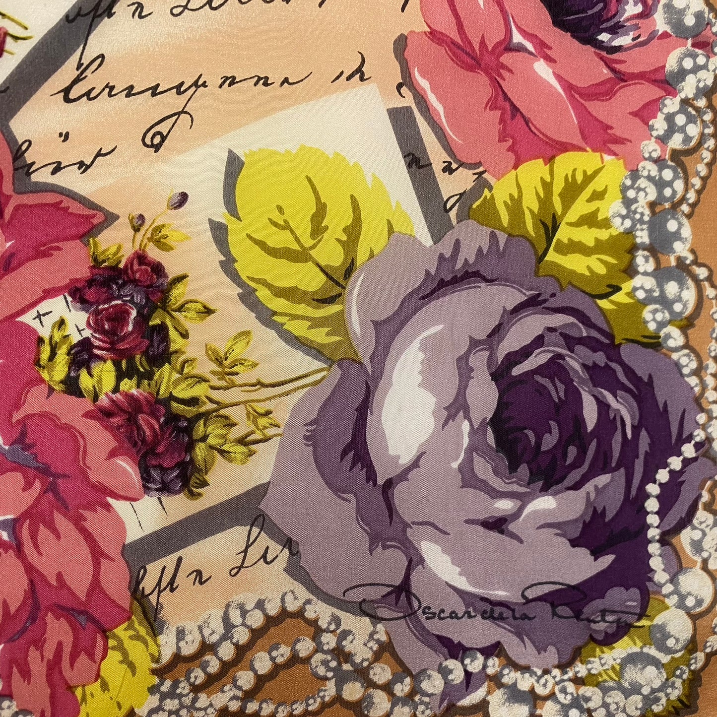 OSCAR DE LA RENTA Long Silk Scarf - Cottage Roses & Pearls - 5252