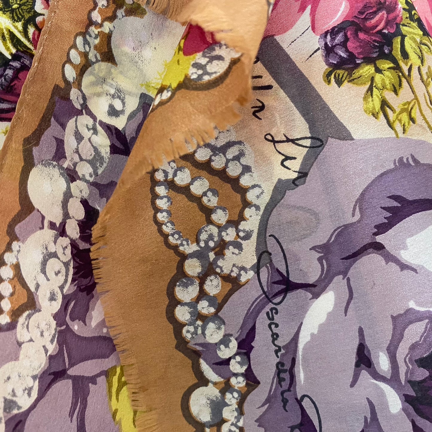 OSCAR DE LA RENTA Long Silk Scarf - Cottage Roses & Pearls - 5252