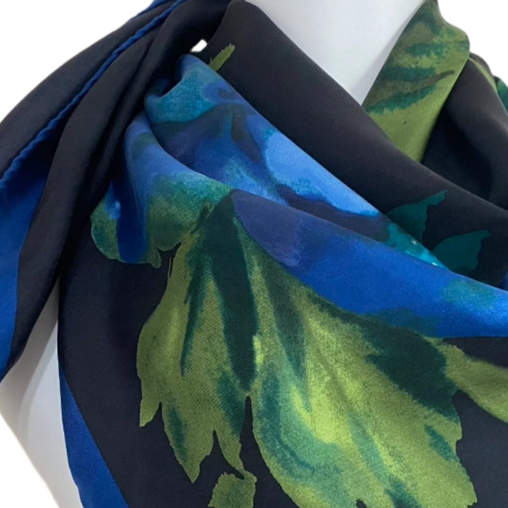 Talbots Scarf with blue and green leaf pattern draped over a mannequin