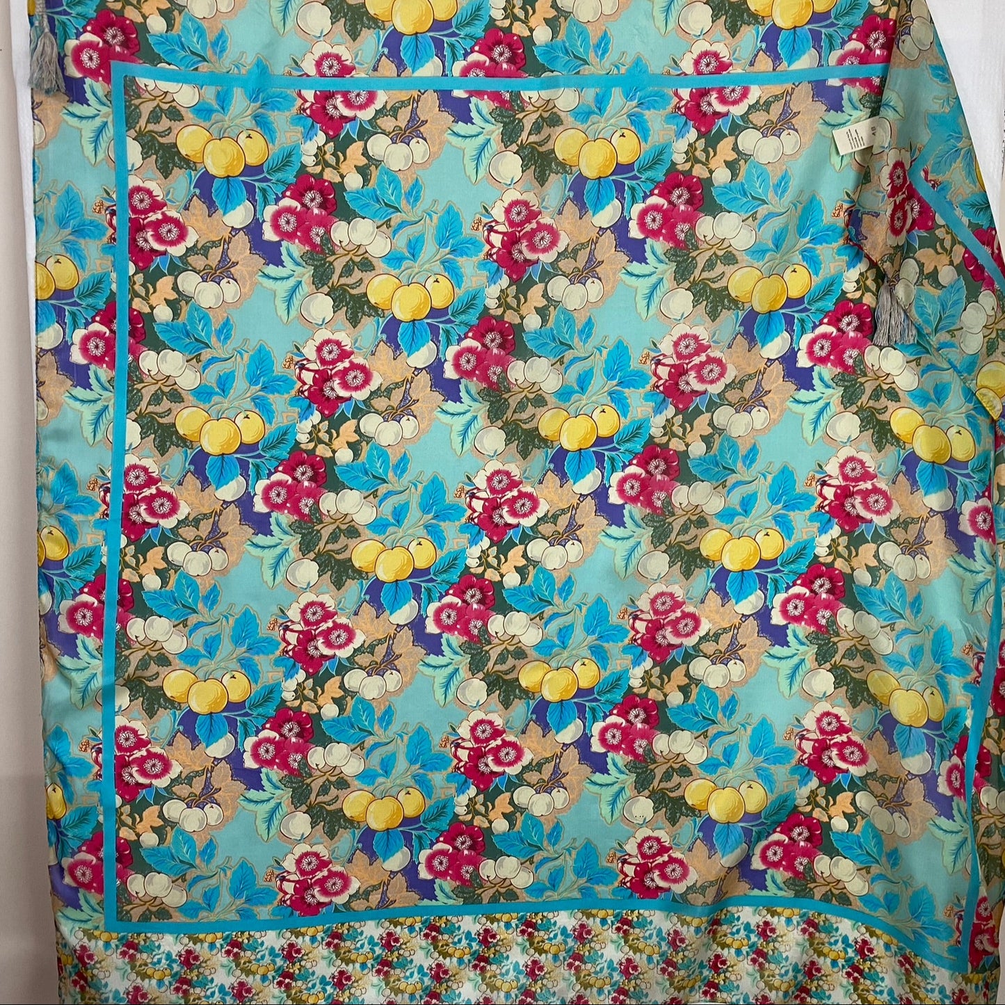 JOHNNY WAS Silk Scarf - Flowers & Fruits with Tassels - 42" Square - 5288
