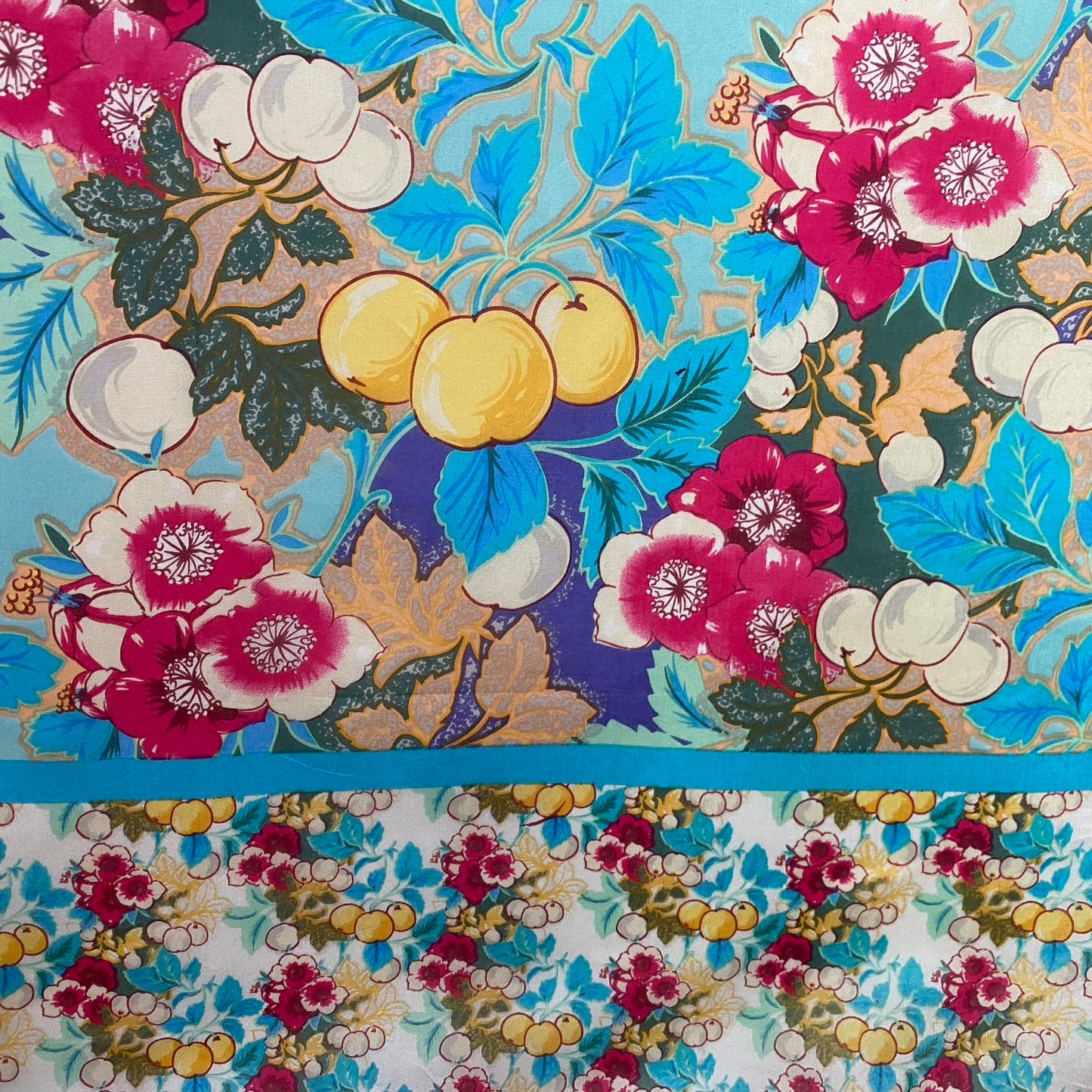 JOHNNY WAS Silk Scarf - Flowers & Fruits with Tassels - 42" Square - 5288