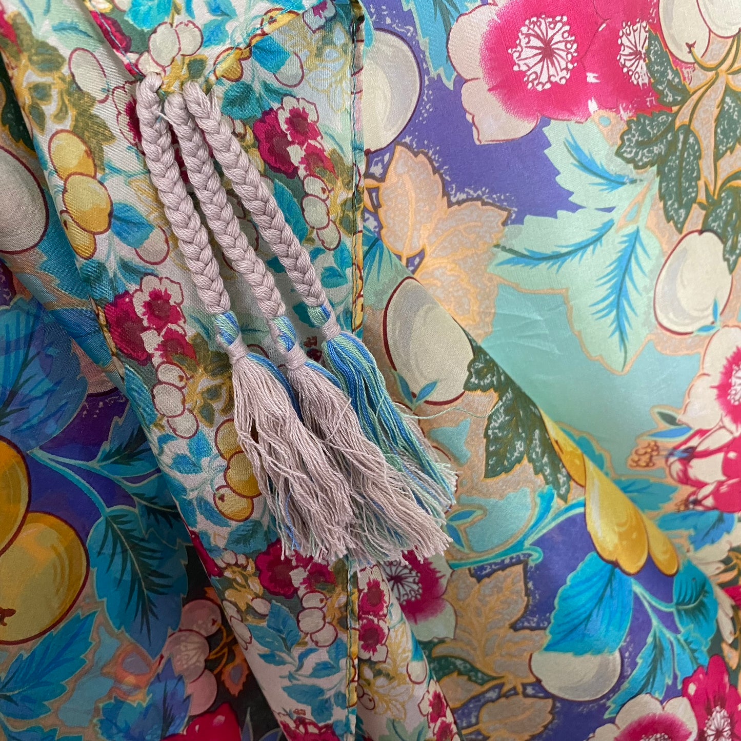 JOHNNY WAS Silk Scarf - Flowers & Fruits with Tassels - 42" Square - 5288