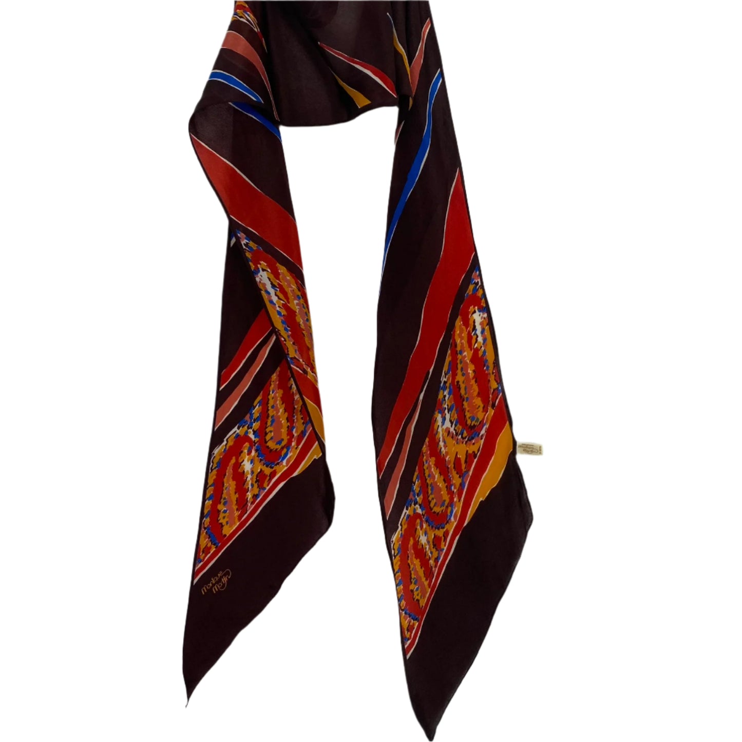 Monique Martin Colorful patterned scarf on a white mannequin with a white background