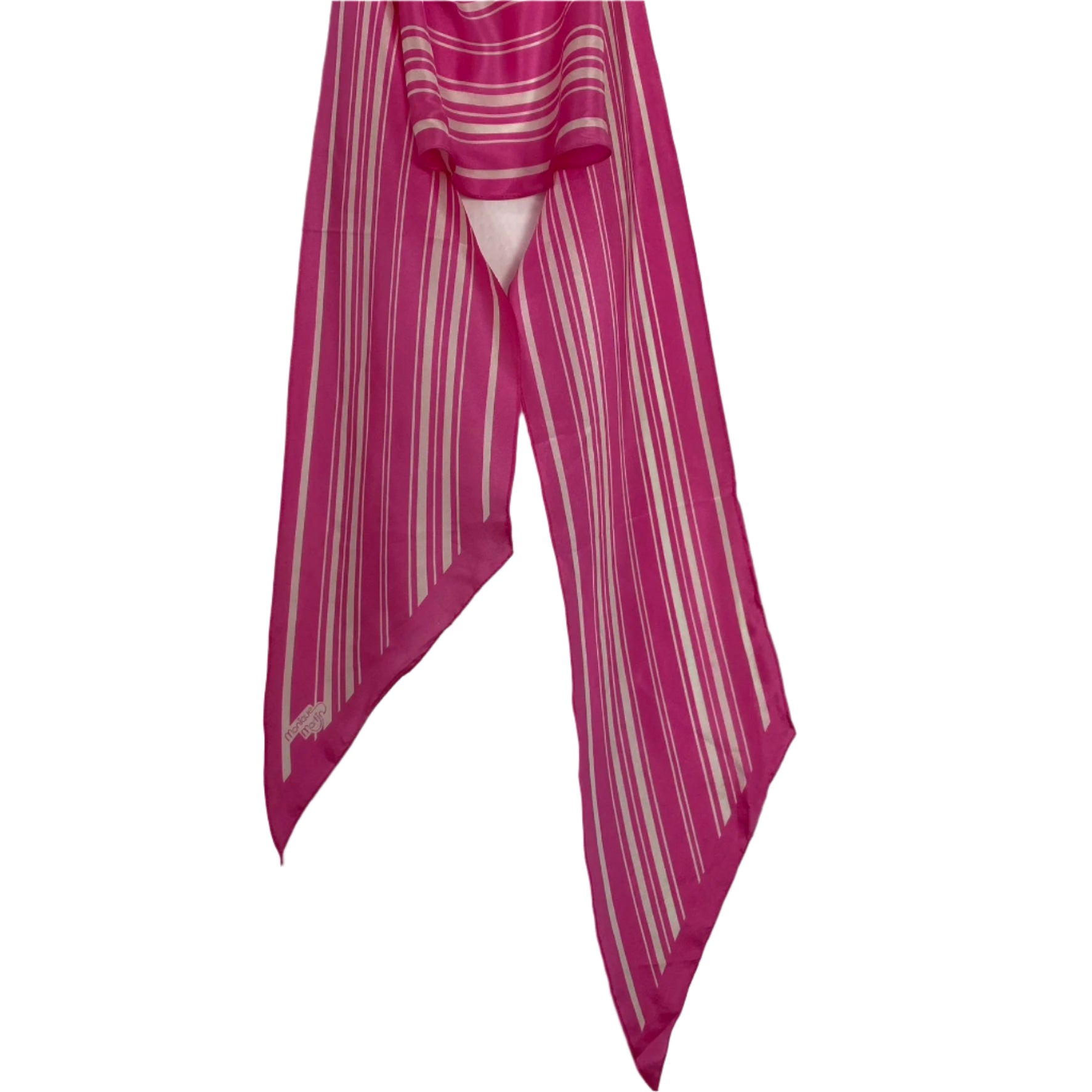 Monique Martin Pink and white striped silk  scarf on a light gray background